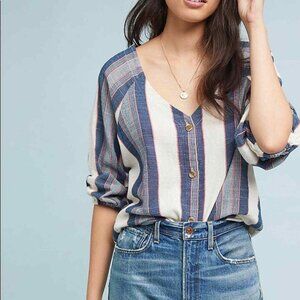 Anthropologie Cloth And Stone 100% Cotton Chambray Blue And White Striped Top